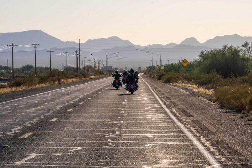 Harleys towards the mountains